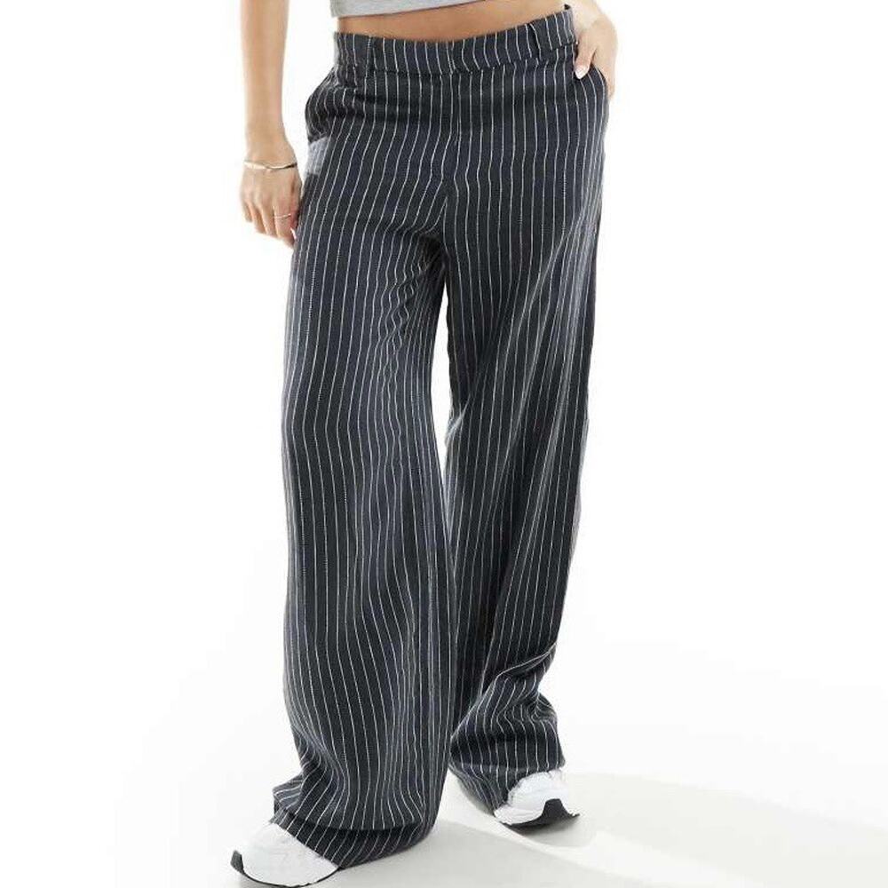 Weekday Emmie Linen Blend Trousers Womens 34 US 2 Low Rise Pinstripe